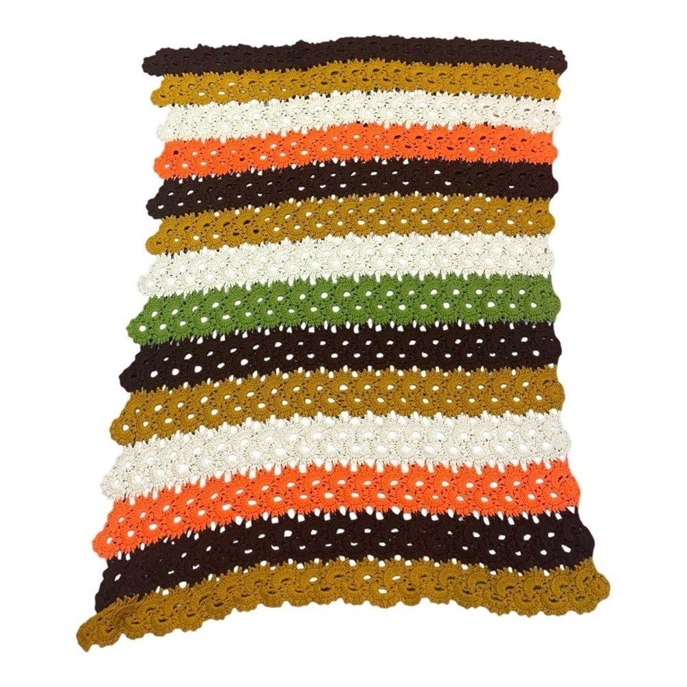 Vintage Handmade Retro Color Afghan Blanket Orange Rust Mushroom